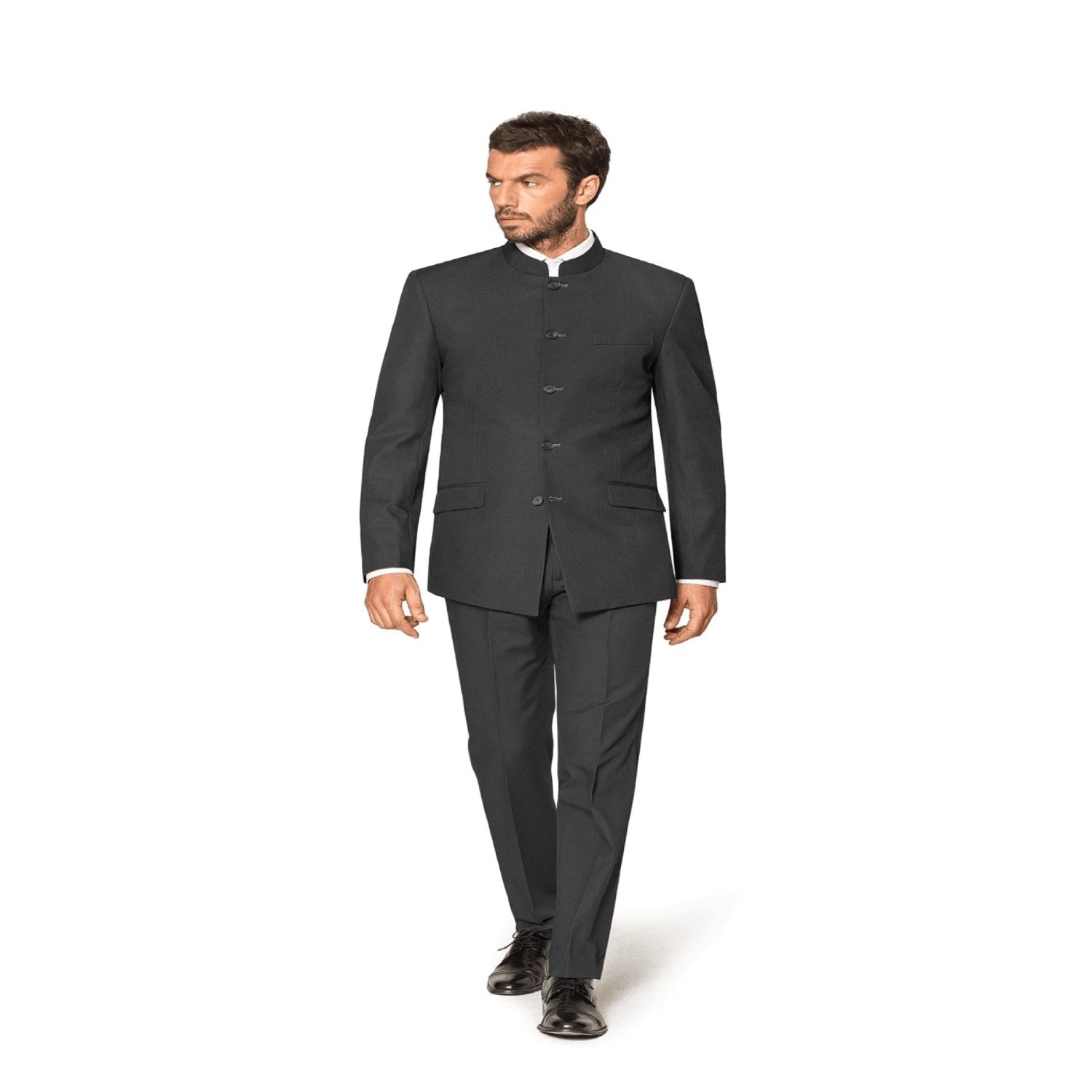 Charcoal Grey Banded Collar Indian Suit - 5 Button Style