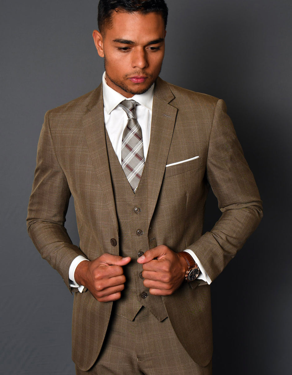 Mens Tan Plaid Modern Fit Wool Suit with Vest