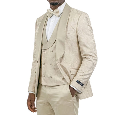 Men's Skinny Fit Jacquard 3 Piece Tuxedo with Double Breasted Vest - Champagne