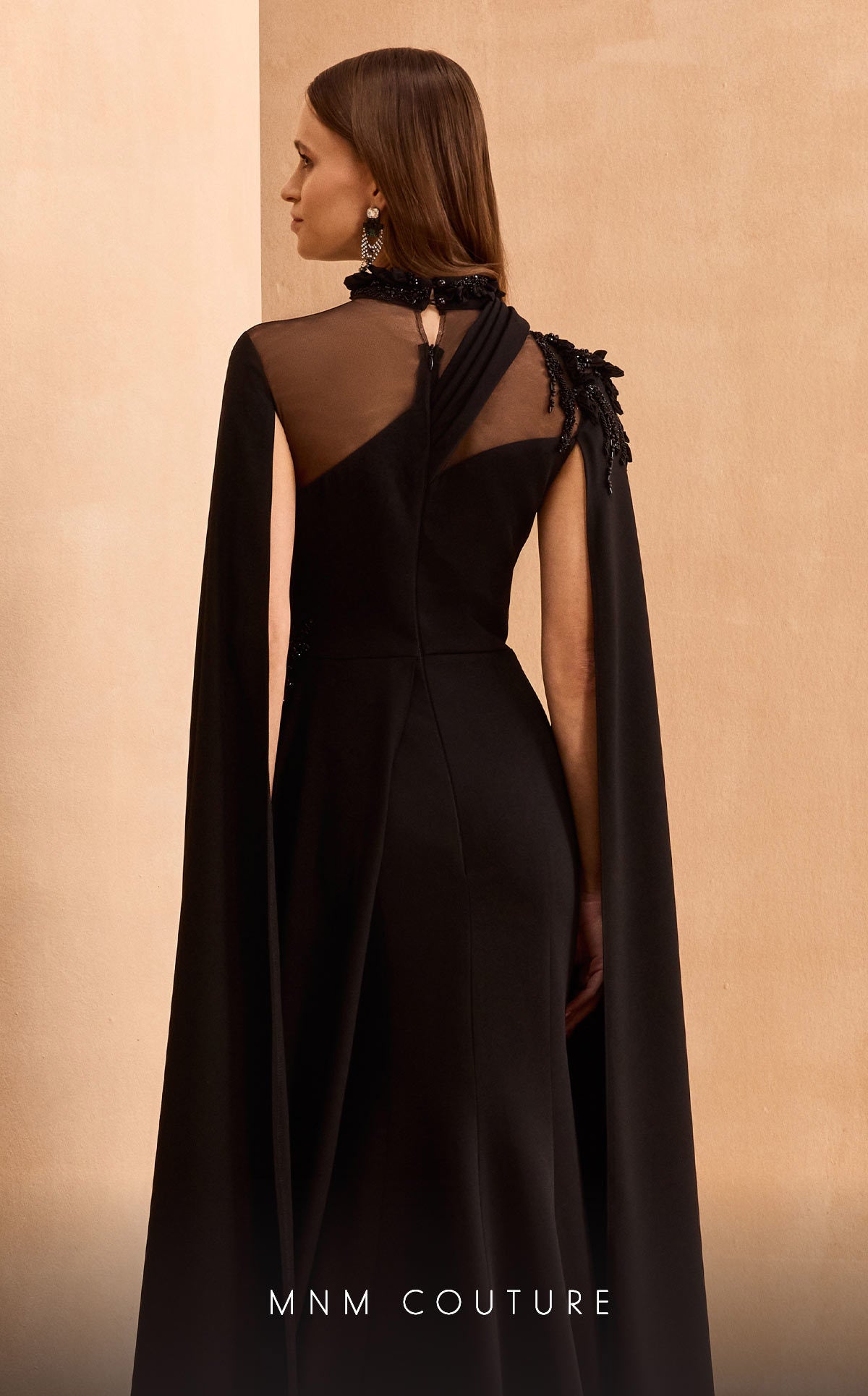 MNM Couture V02037 Black Long-Sleeve Gown with Sheer Cape