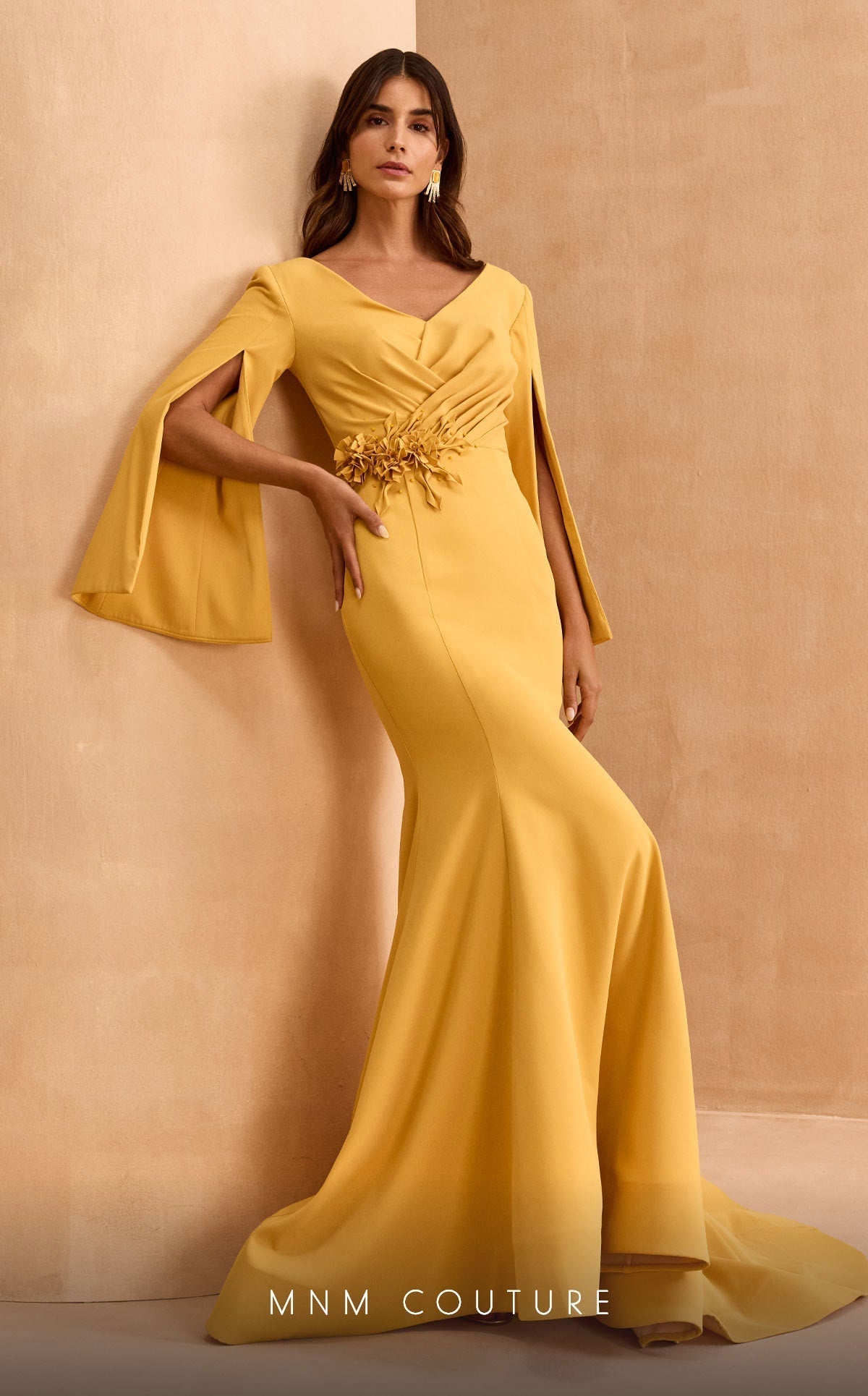 MNM Couture V02044 Mustard Evening Gown with Intricate Detailing