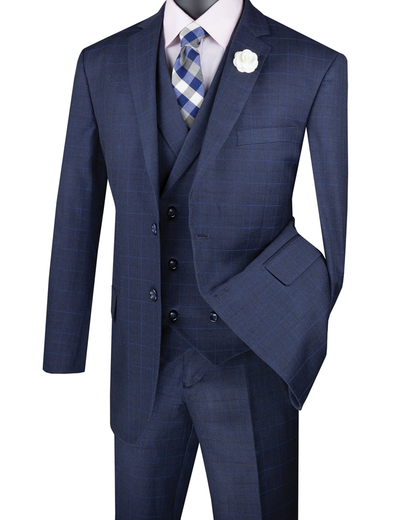 Men's Navy Plaid 3 Piece Suit Double Breasted Vest V2RW-13