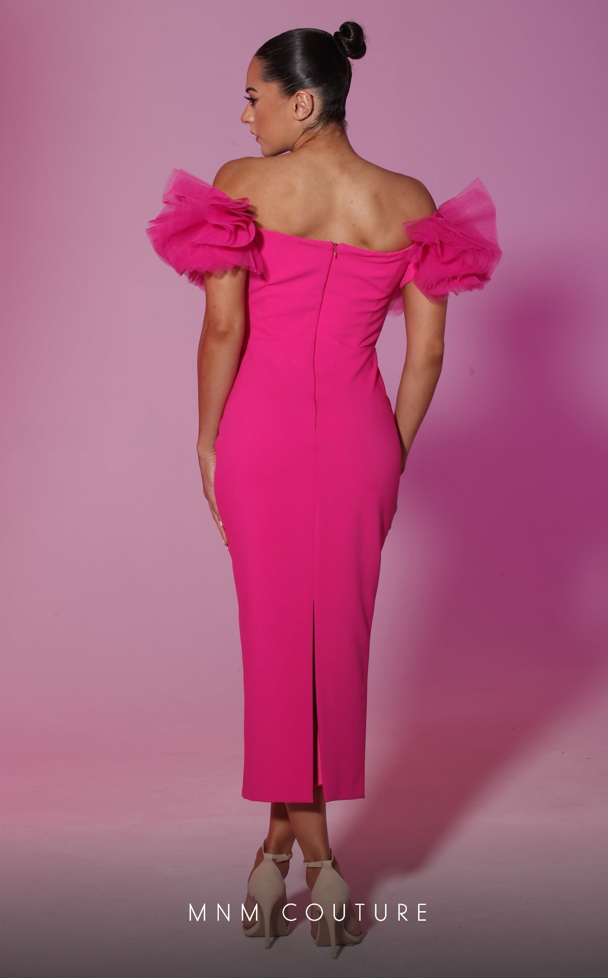 MNM Couture V6708 Burgundy Off-Shoulder Open Back Gown