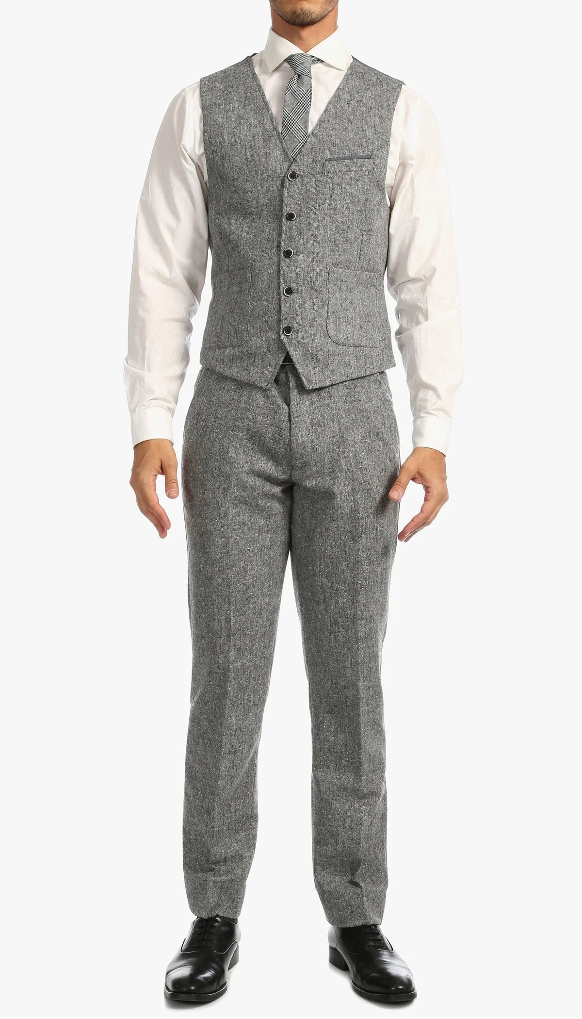 Men’s Grey Tweed Three Piece Suit – Vintage British Fabric Slim Fit Wedding & Business Wear