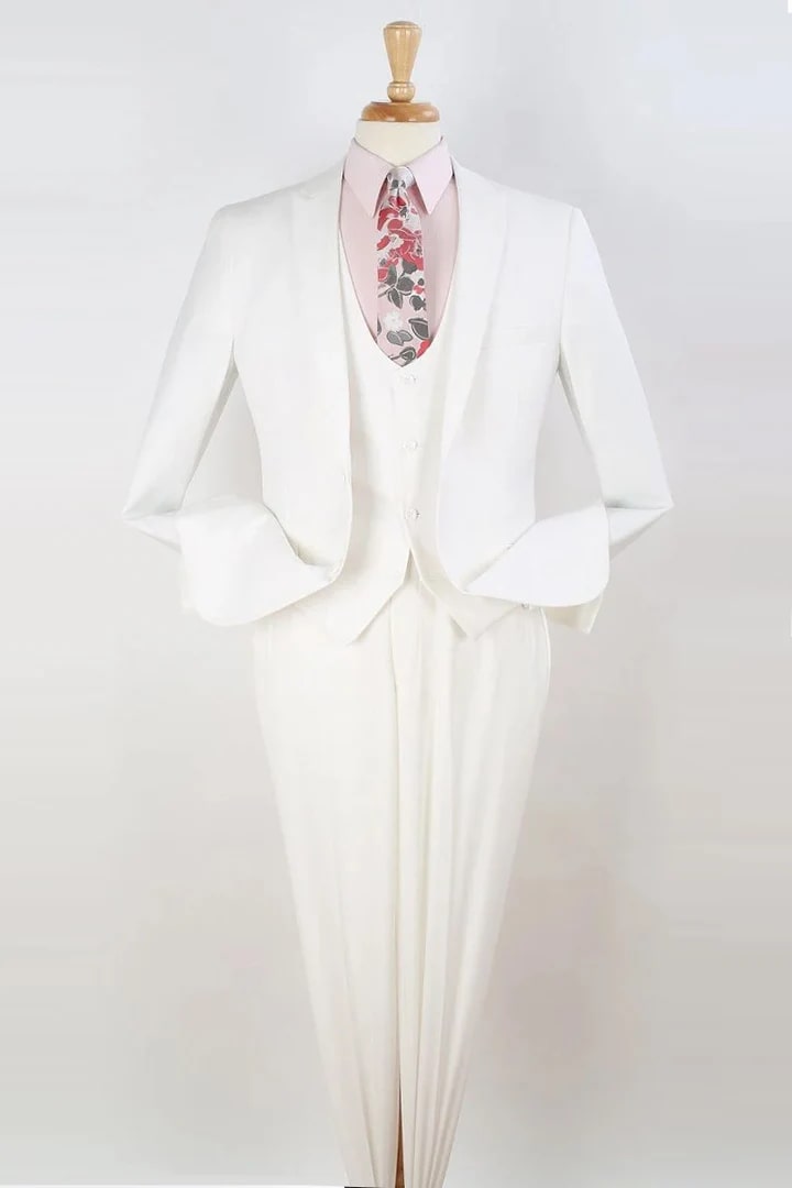 White One Button Slim Fit Vested Suit