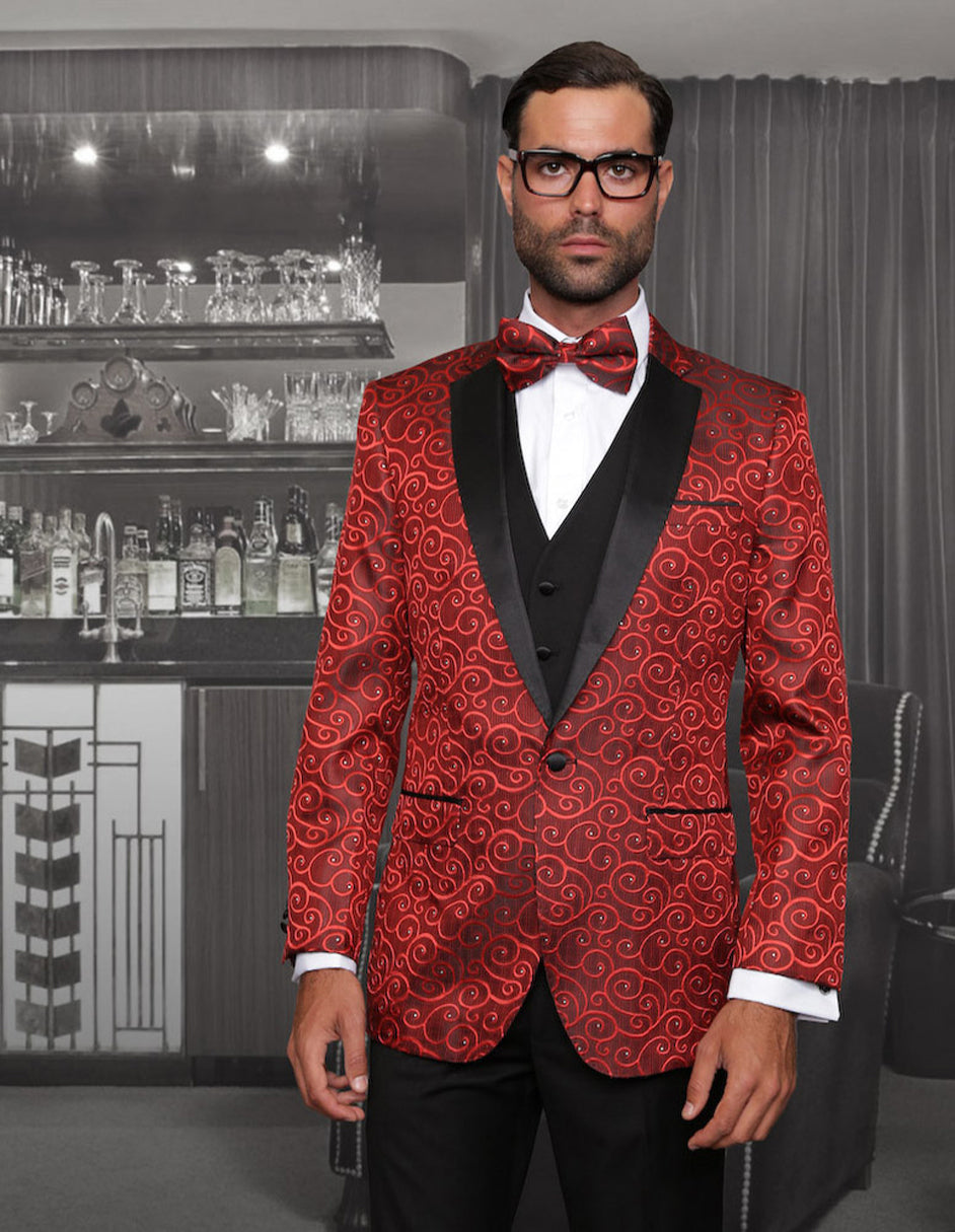 Red Swirl Pattern Notch Lapel Tuxedo with Vest