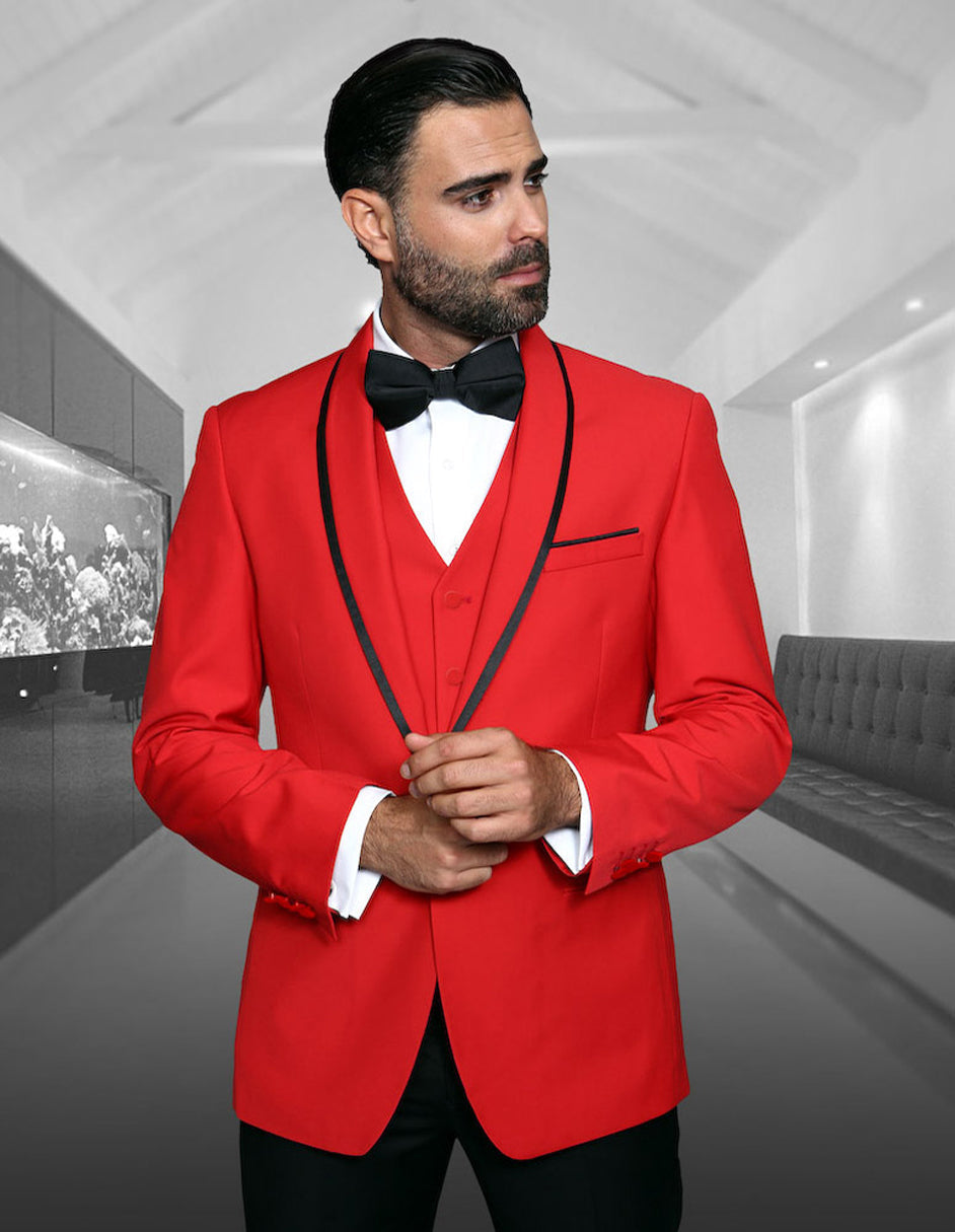 Vested Wool Tuxedo with Shawl Lapel - Red & Black