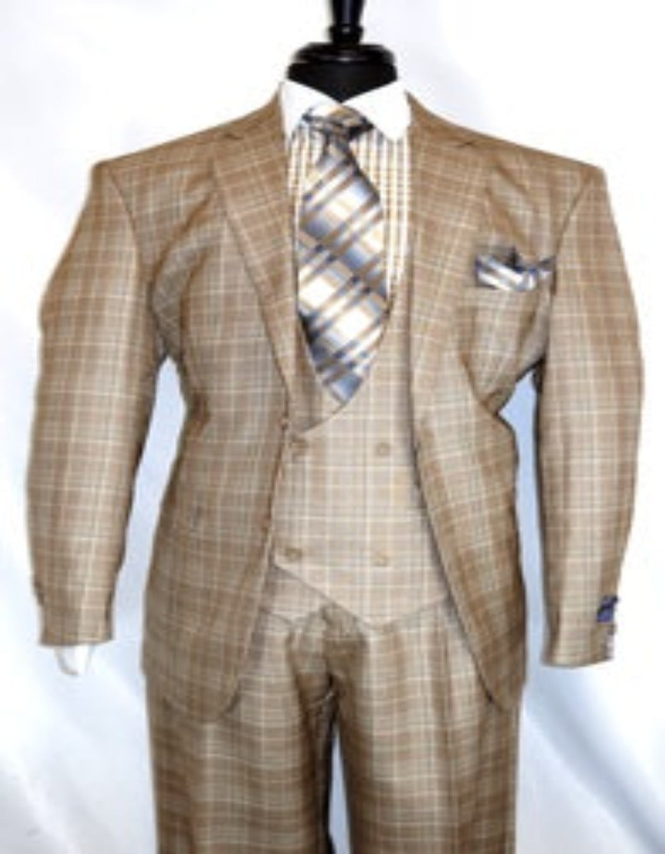 Plaid Khaki Suit with Double Breasted Vest