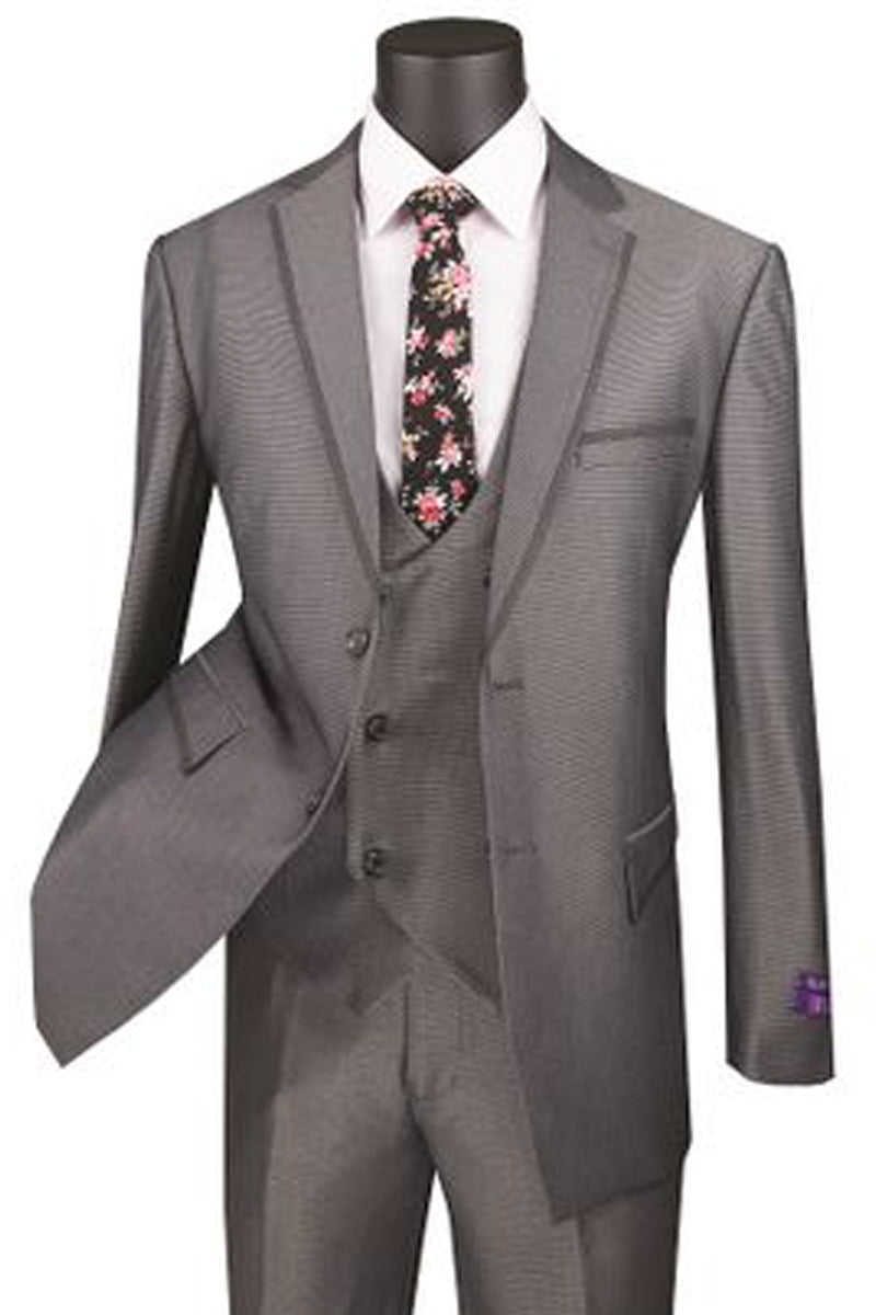 Modern Charcoal Satin Trim Vested Tuxedo Suit