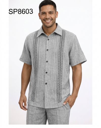 Menβs Gray Embroidered Walking Suit Set β 2 Piece Short Sleeve Casual Outfit