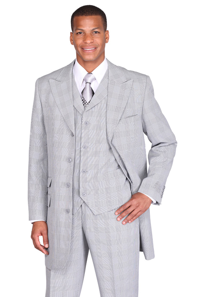 Mens 4 Button 3/4 Length Fashion Peak Lapel Vested Plaid Suit in Black