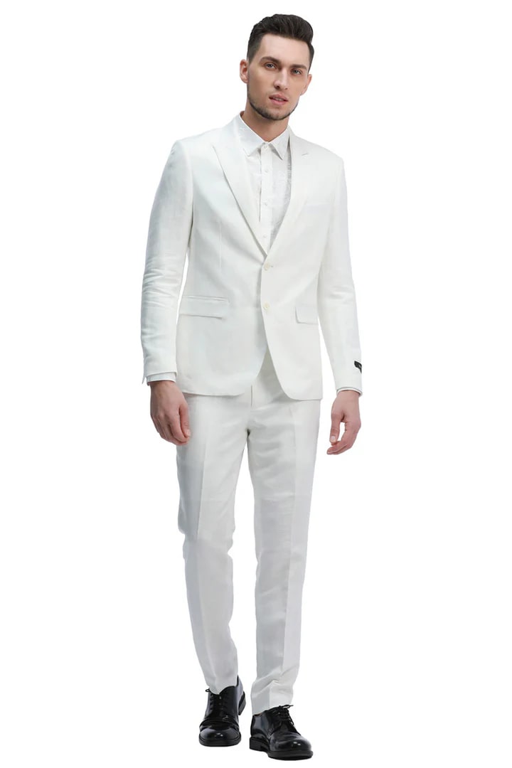 Two Button White Peak Lapel Linen Style Suit