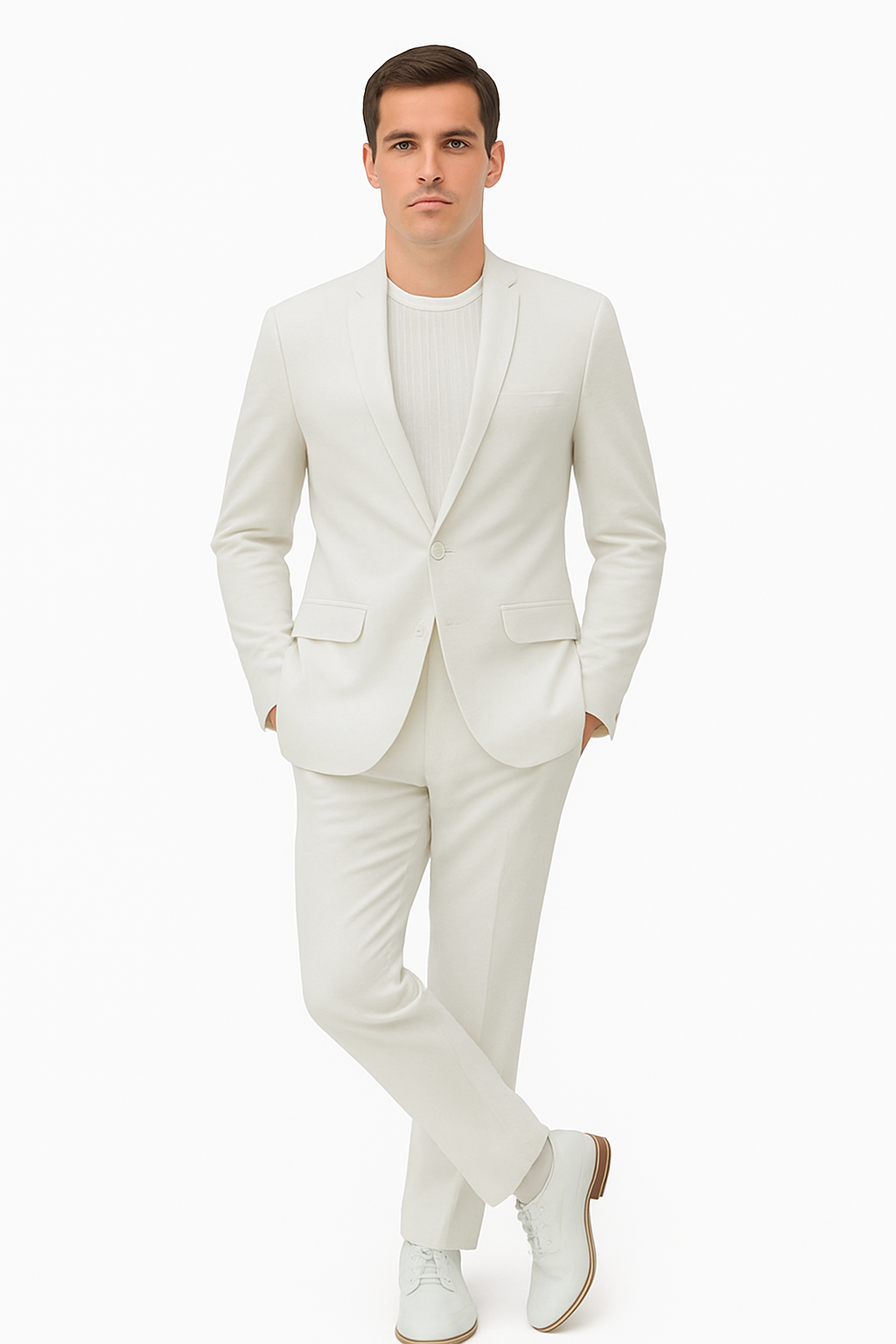 Mens Two Piece Linen Suit Relaxed Hybrid Fit No Collar