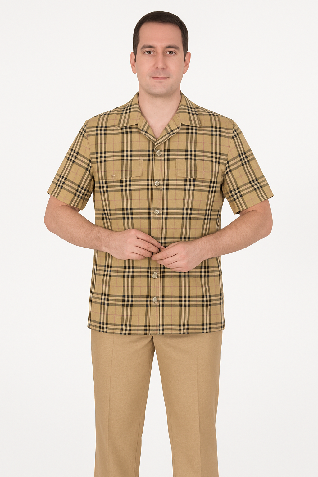 Beige Check Button Shirt - Casual Plaid for Men