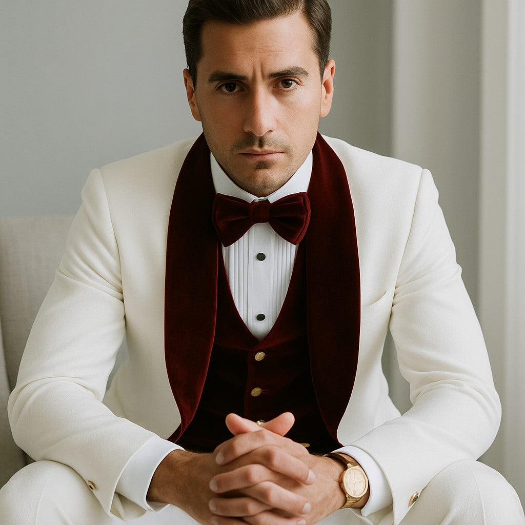 Wedding Tuxedo - Groom Suit - White and Burgundy Prom Suit