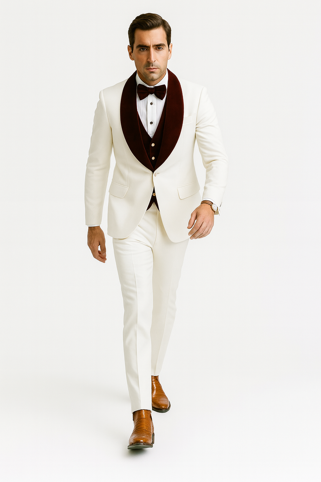 Wedding Tuxedo - Groom Suit - White and Burgundy Prom Suit