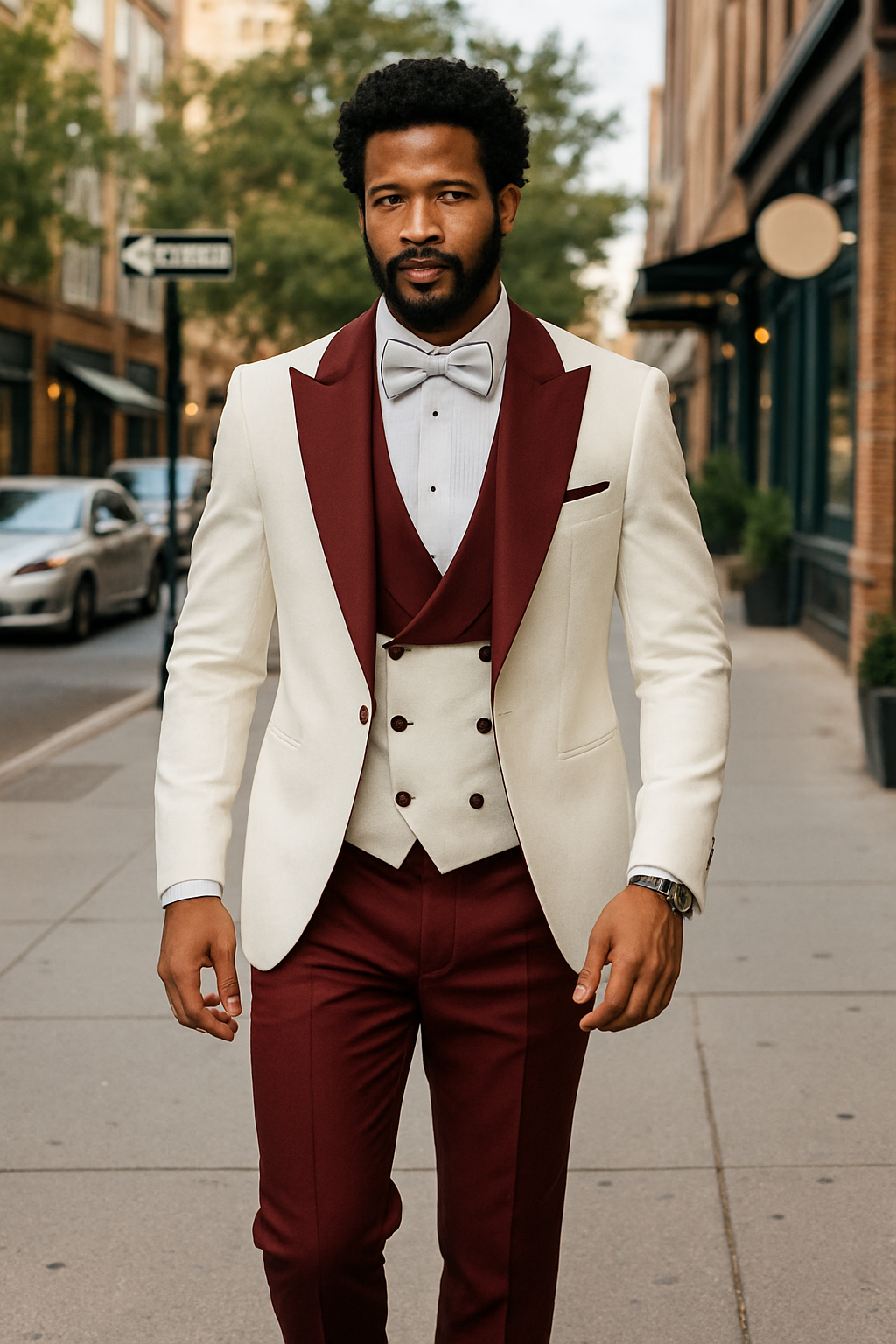 White & Burgundy Paisley Peak Lapel Tuxedo Set