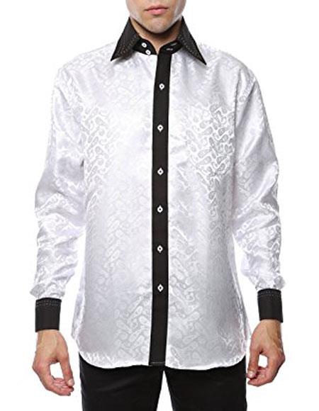 Shiny Satin Floral Spread Collar Paisley Dress Club Clubbing Clubwear Shirts Flashy Stage Colored White-Black Two Toned Woven Casual Men's Dress Shirt