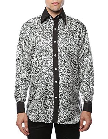 White-Black Shiny Satin Floral Spread Collar Paisley Dress Club Clubbing Clubwear Shirts Flashy Stage Colored Two Toned Woven Casual Men's Dress Shirt