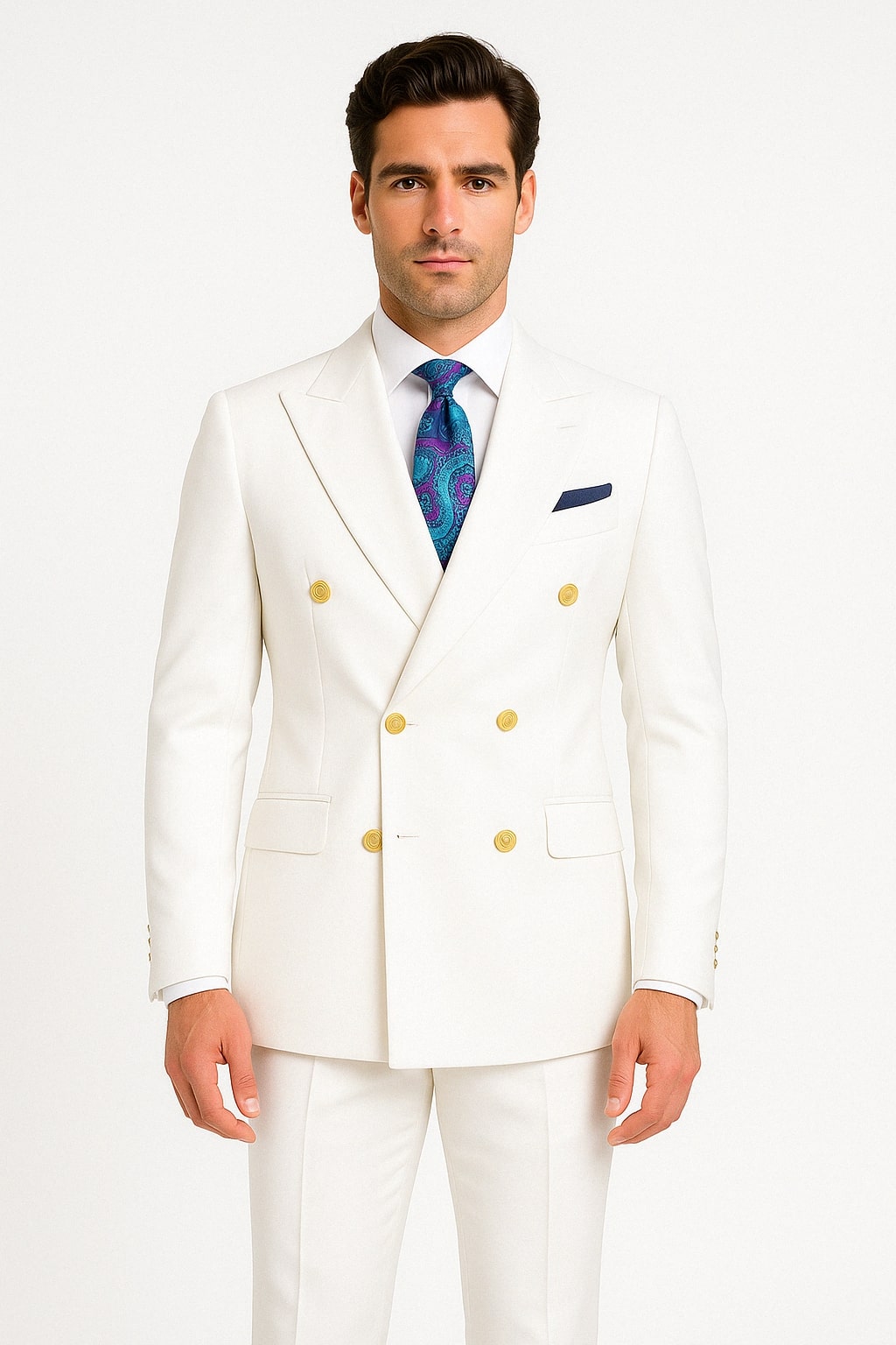 White Double-Breasted Suit with Gold Buttons