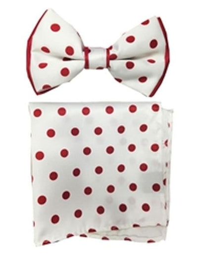 Men's White / Red Polyester Satin dual colors (Red Polka Dot) Bowtie with hankie - Men's Neck Ties - Mens Dress Tie - Trendy Mens Ties