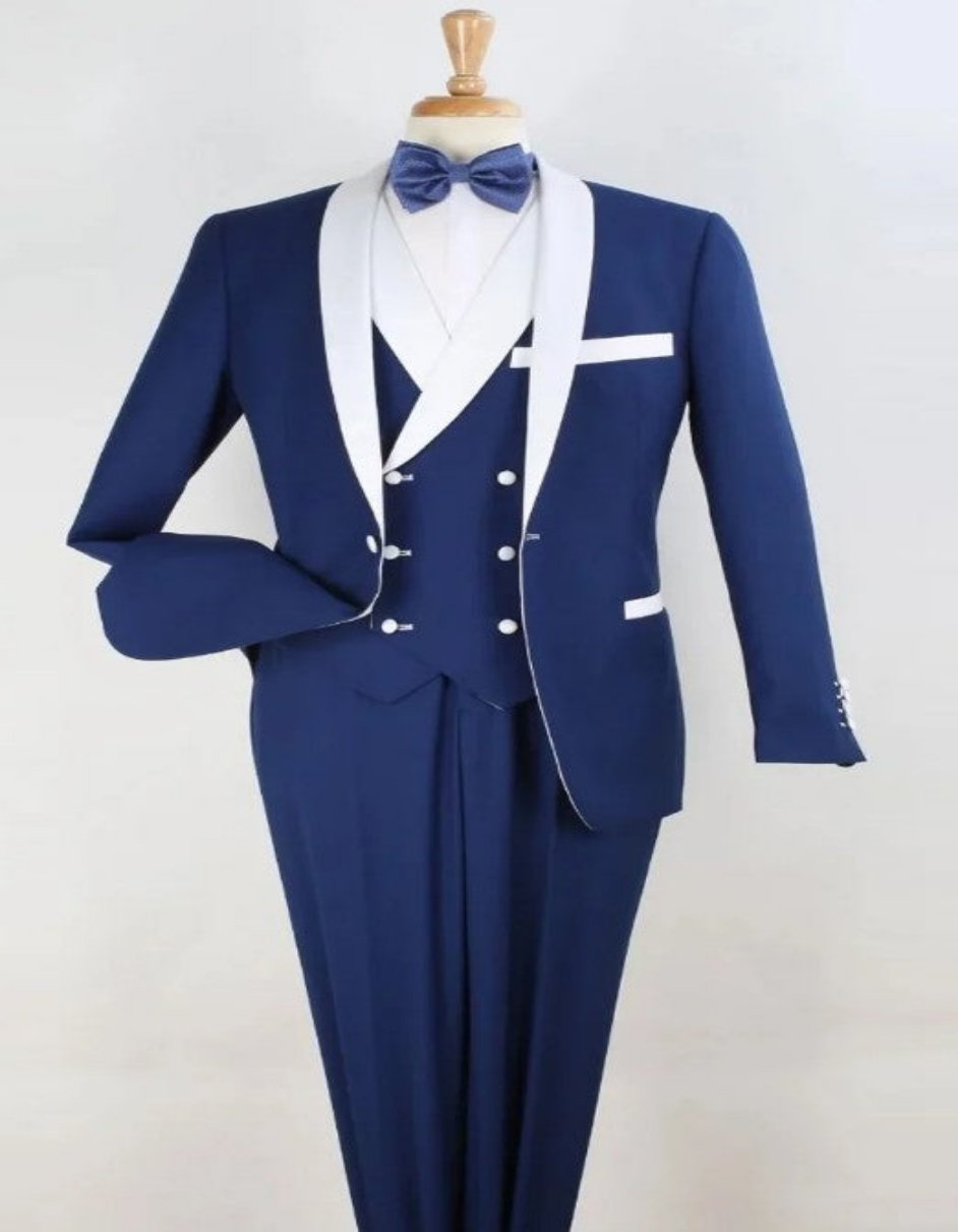 Blue Prom Suit with White Satin Shawl Lapel