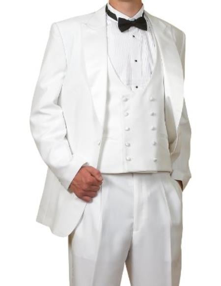 Men's Peak Lapel Vested 3 Piece 6 Piece Complete White Tuxedo (1 Button Jacket, Pants, Reversible Vest)