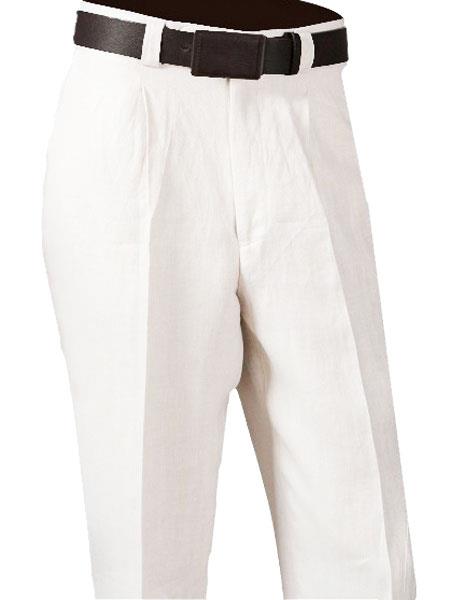 Men's Dress Casual Slacks White 100% Linen Single Pleated Dress Pants unhemmed unfinished bottom - Cheap Priced Dress Slacks For Men On Sale