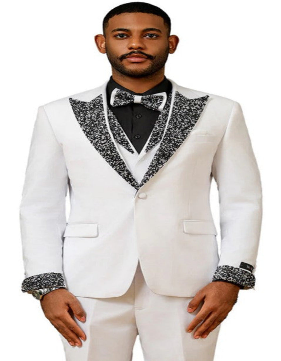 Rhinestone Lapel White & Black Prom Wedding Tuxedo