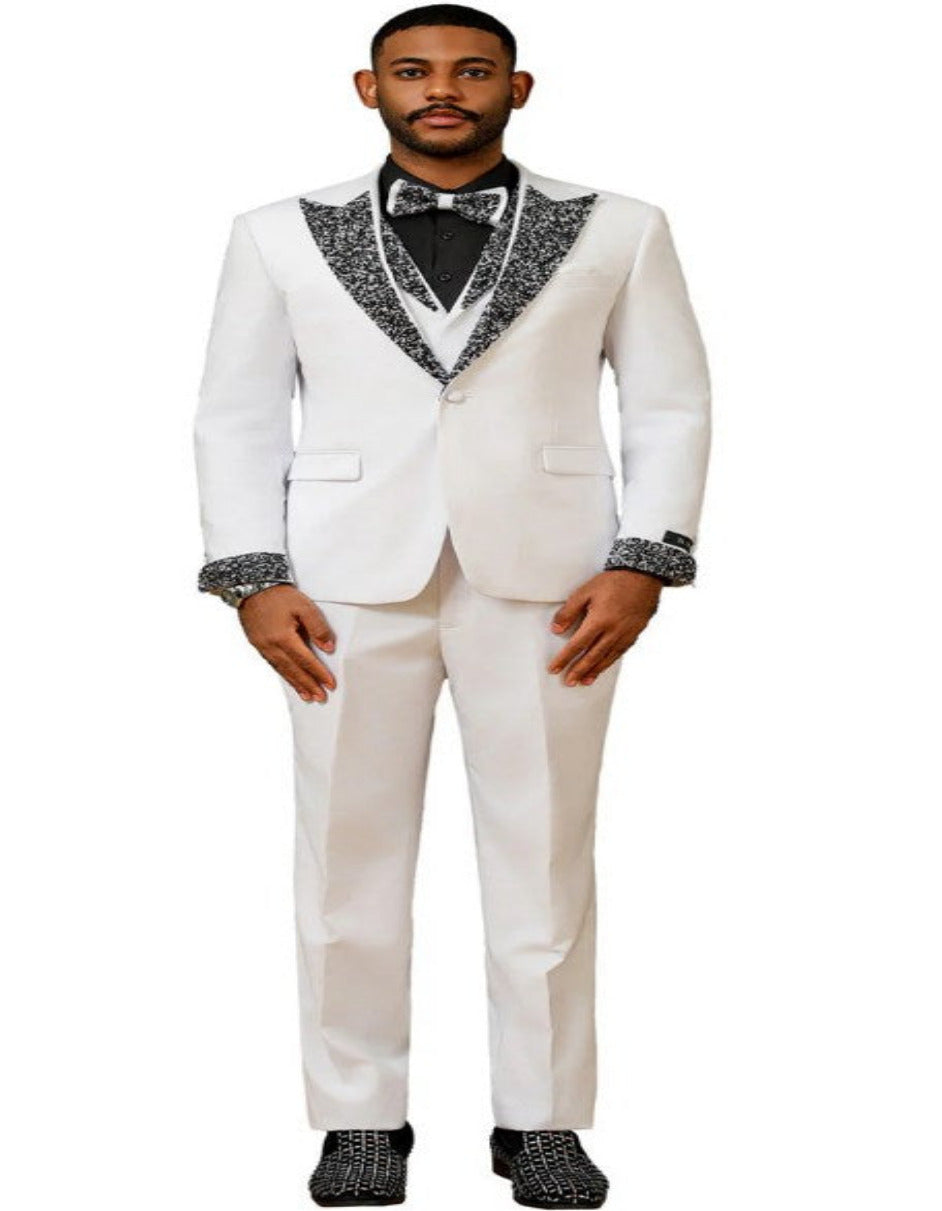 Rhinestone Lapel White & Black Prom Wedding Tuxedo