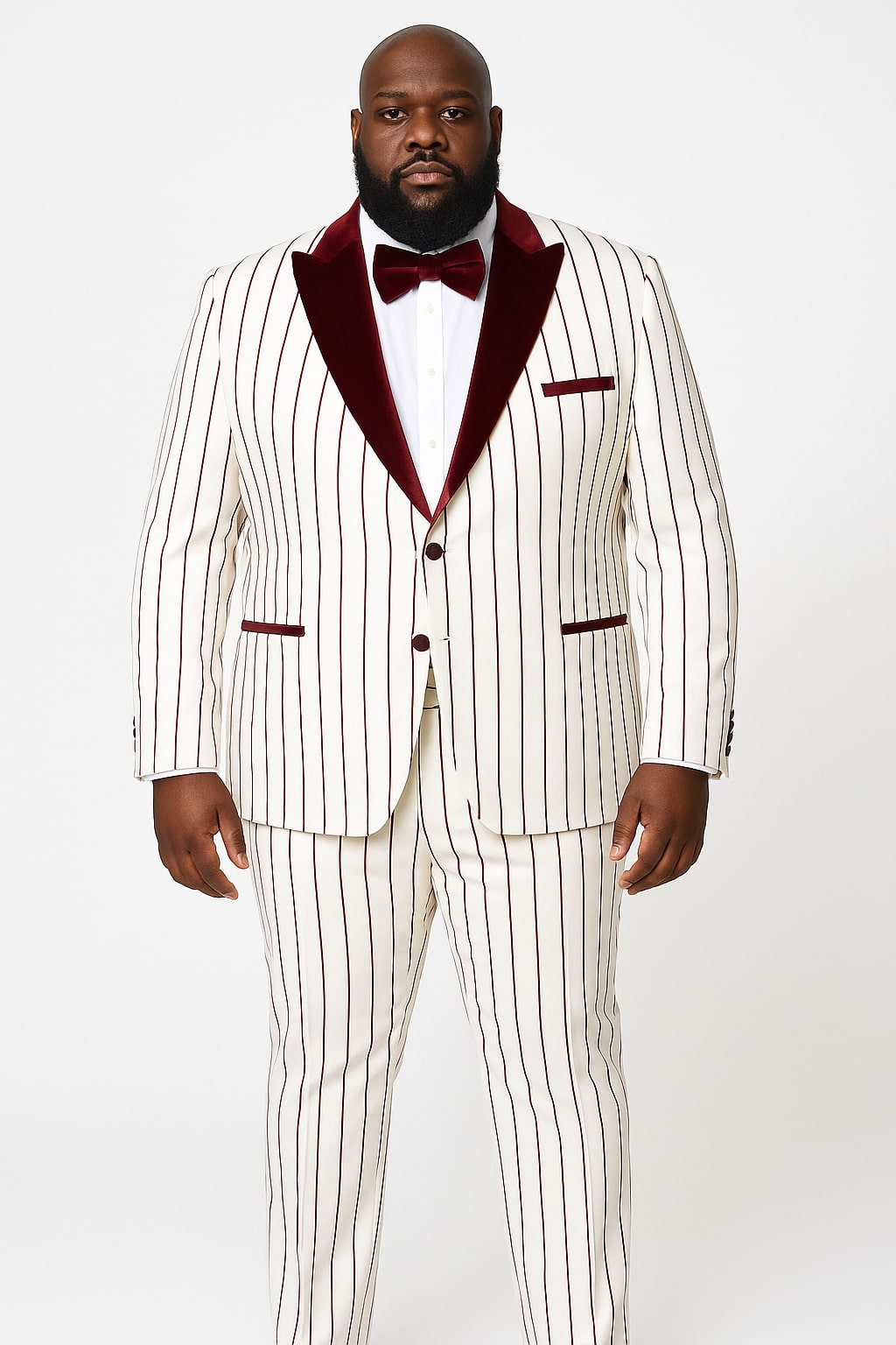White & Burgundy Pinstripe Velvet Shawl Tuxedo