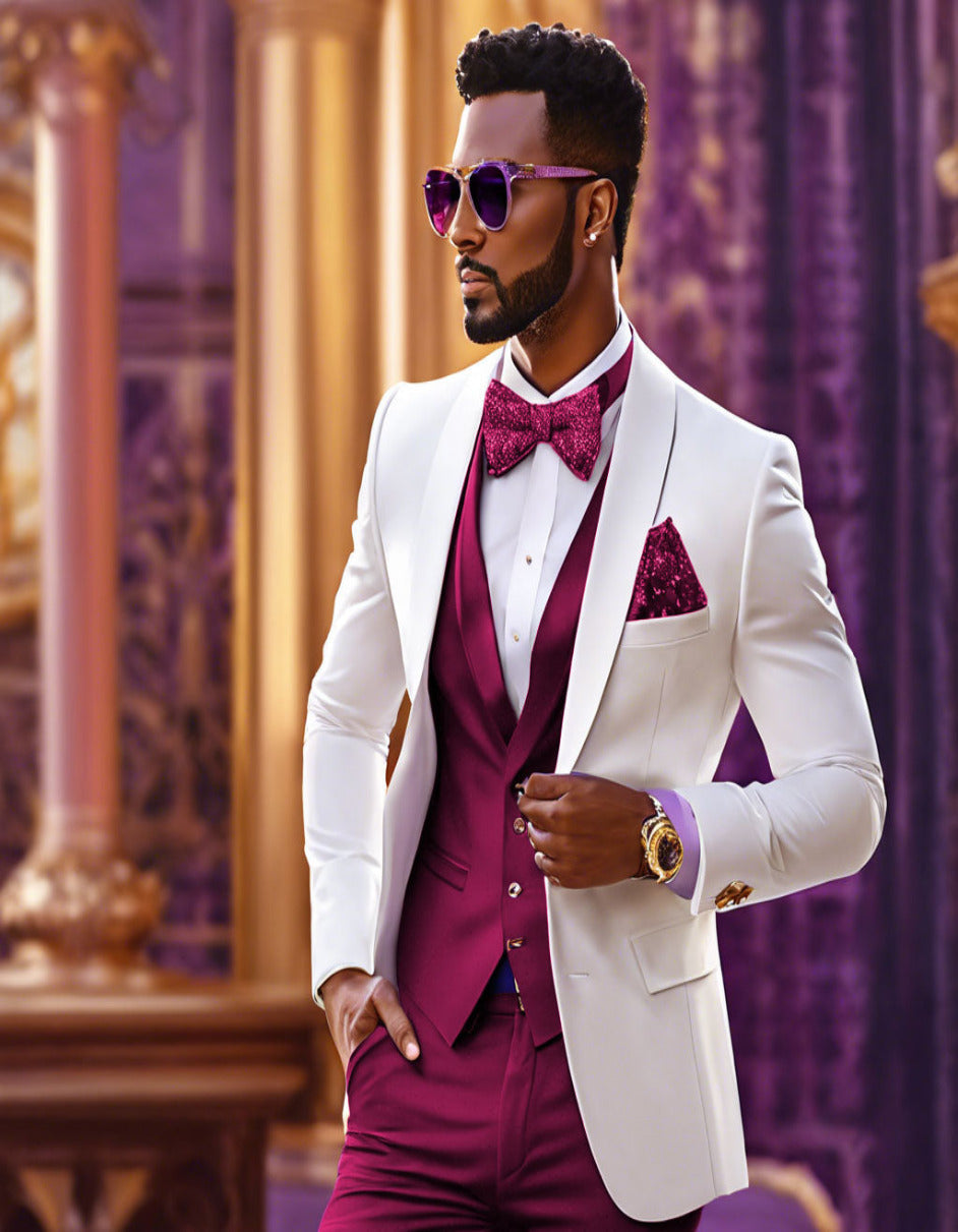 White & Burgundy Tuxedo Wedding Set