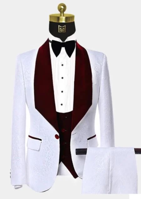 White & Burgundy One Button Floral Tuxedo - 3 Piece