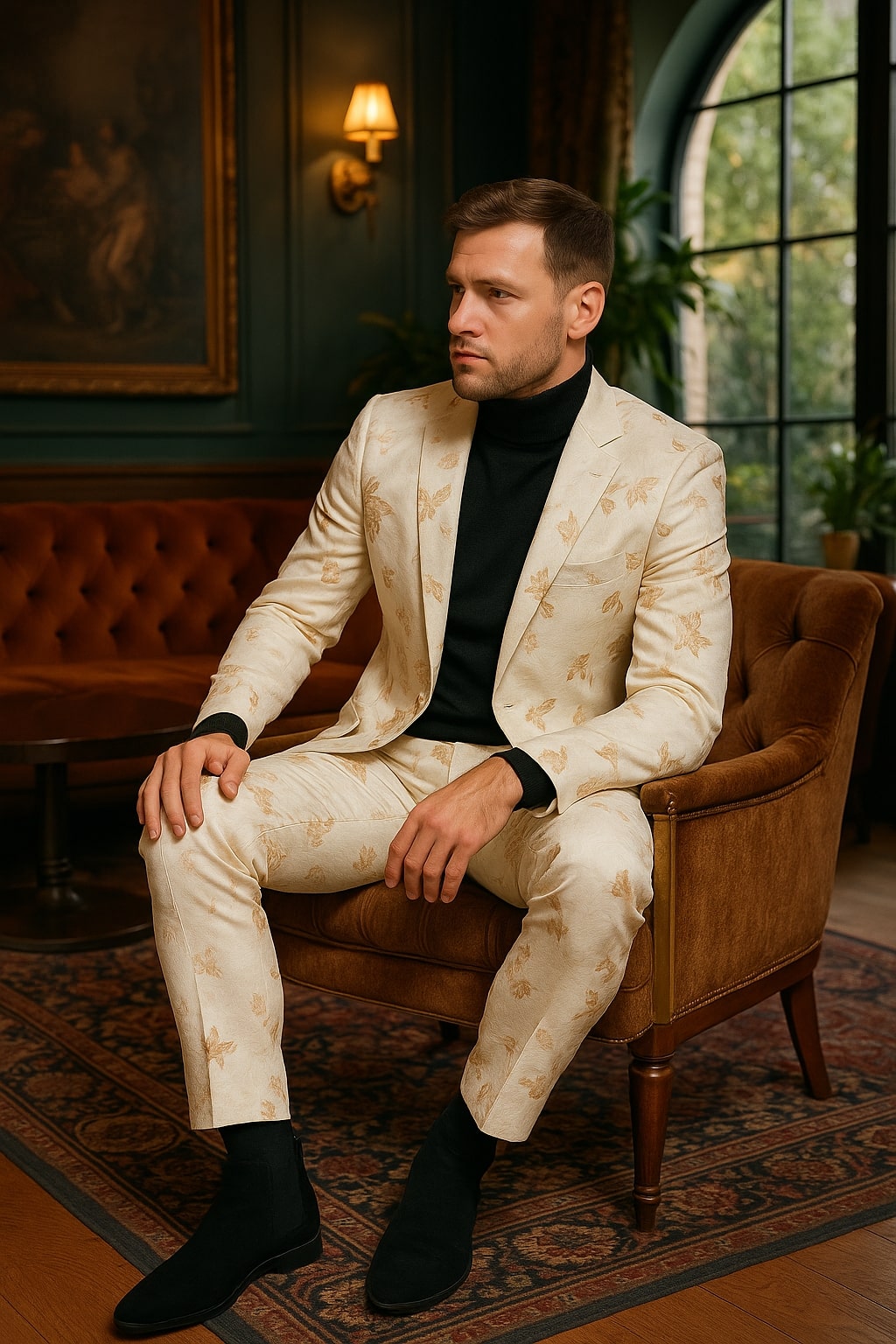White & Gold Floral Embroidered Prom Tuxedo