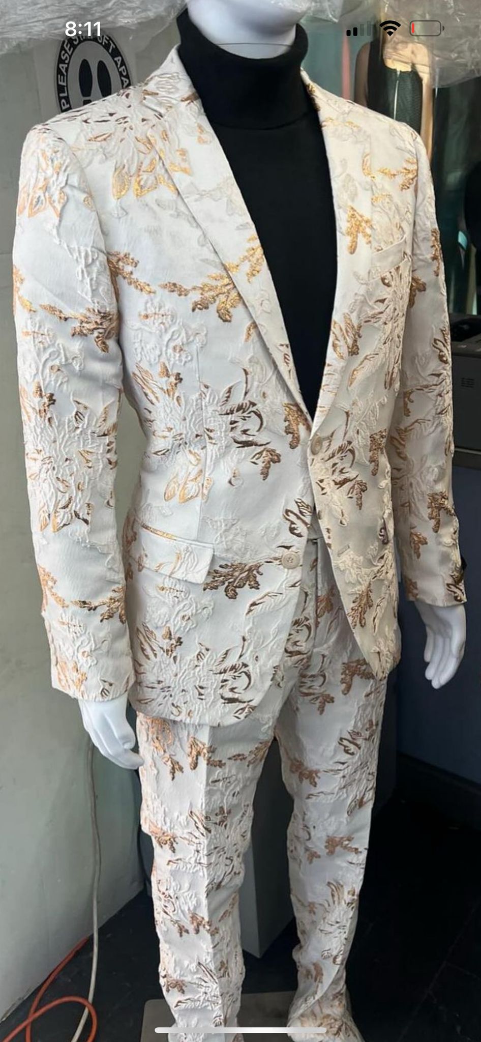 White & Gold Floral Embroidered Prom Tuxedo