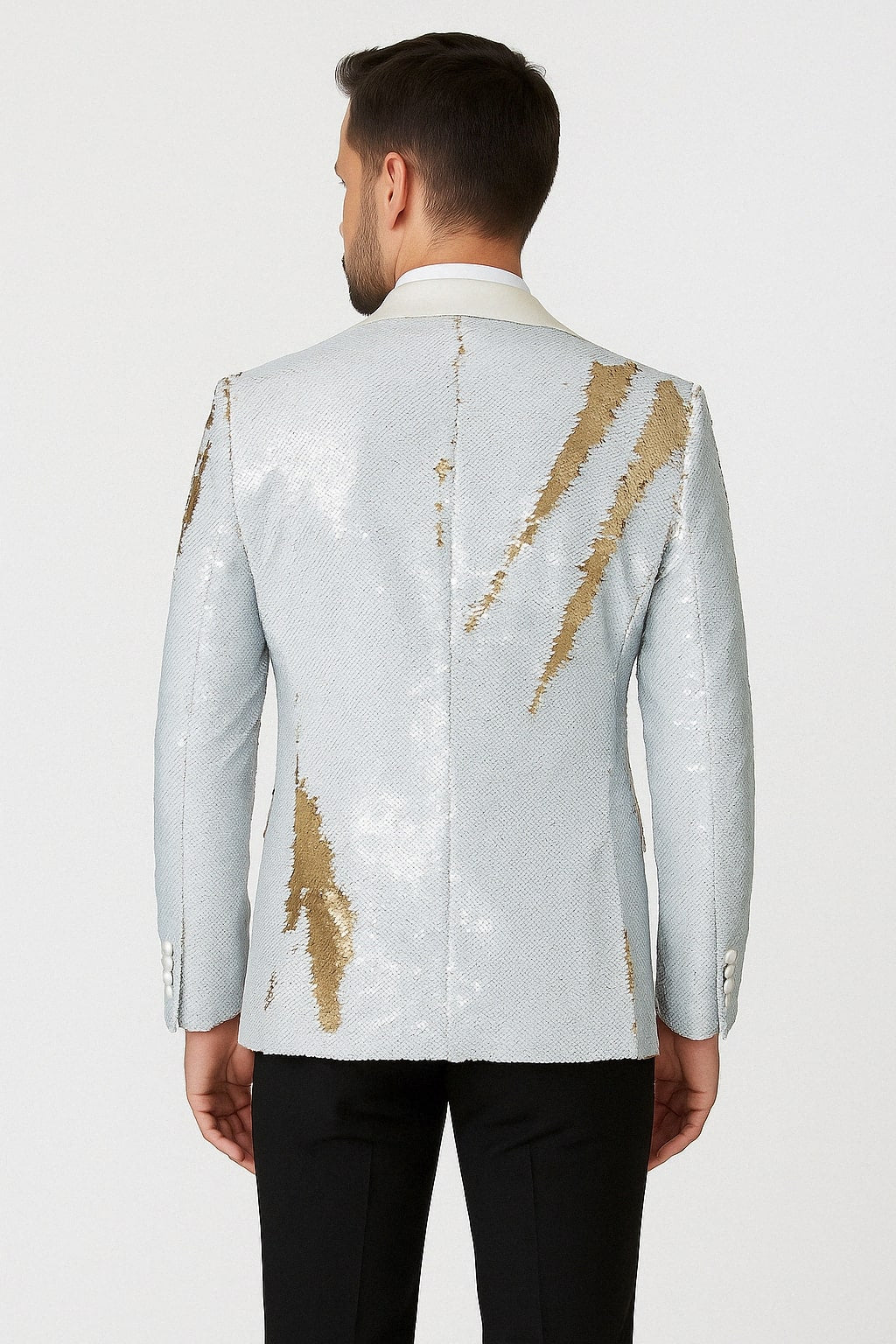 White and Gold Sequin Tuxedo Jacket Set