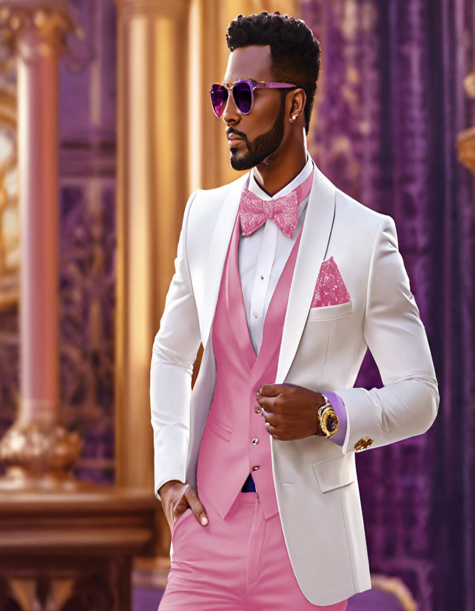 White & Light Pink Tuxedo Suit with Bow-tie