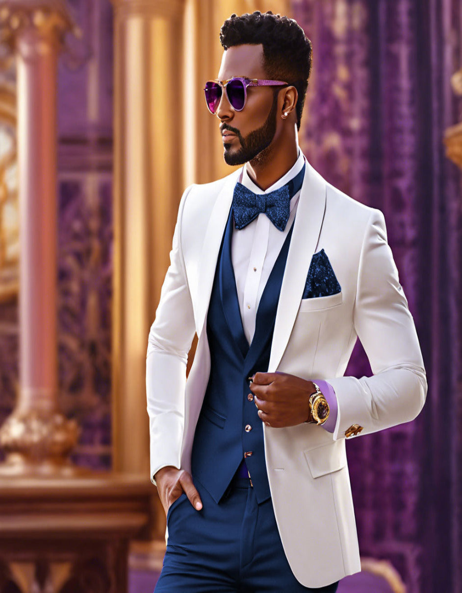 White and Navy Blue Tuxedo Suit with Dinner Jacket