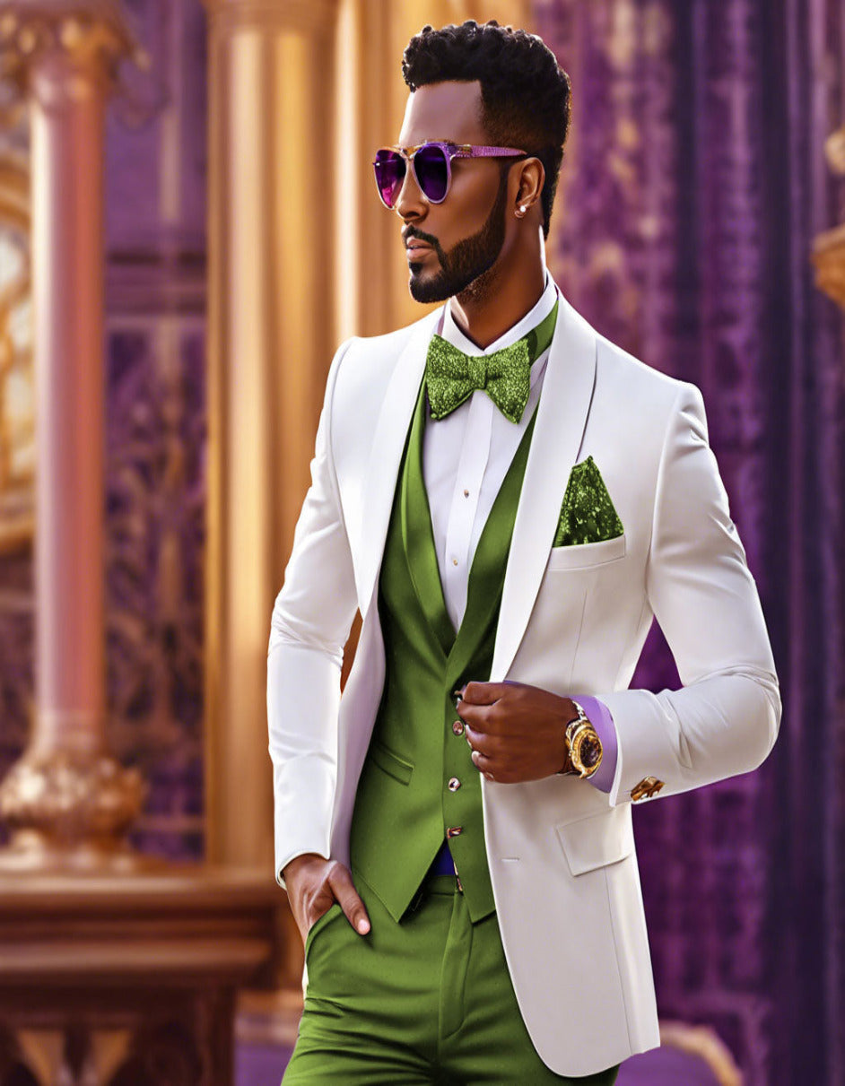 White & Olive Green Tuxedo Wedding Set