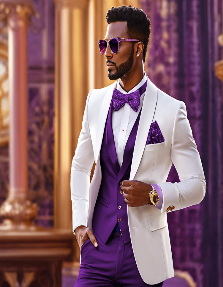 White and Purple Tuxedo Wedding Ensemble