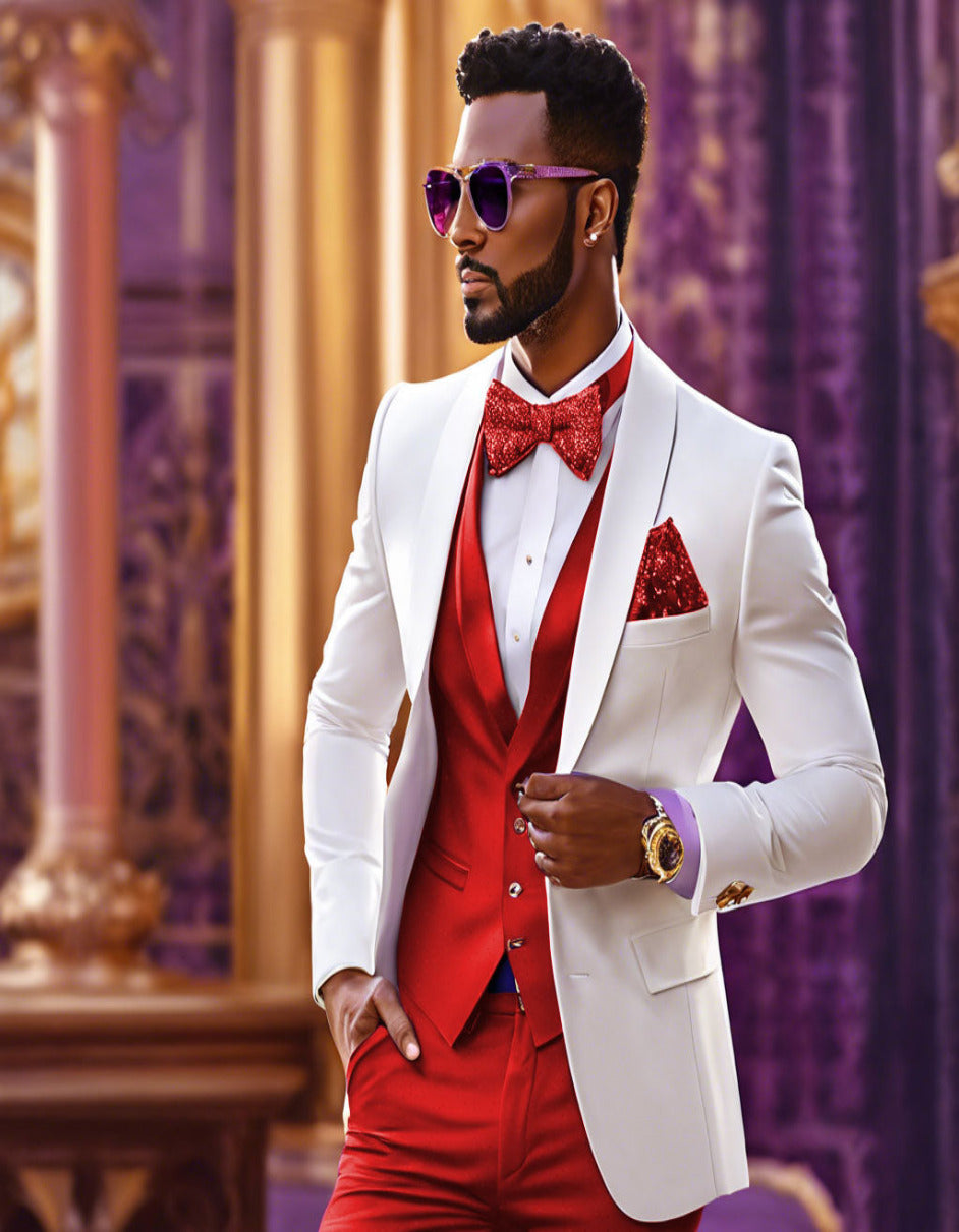 White and Red Tuxedo Wedding Suit Set