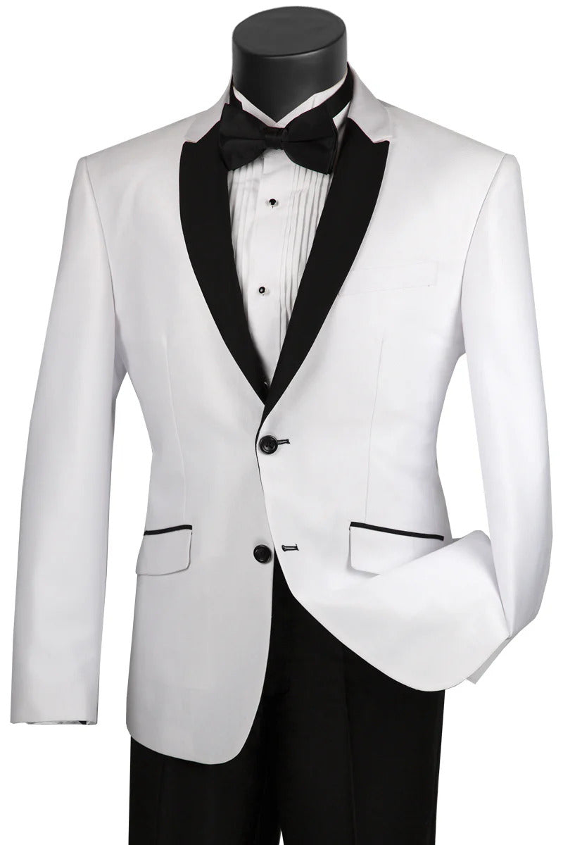 Slim Two-Button White Tuxedo with Black Peak Lapel