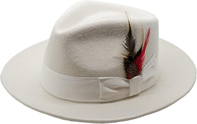 White Crushable Wool Fedora with Feather