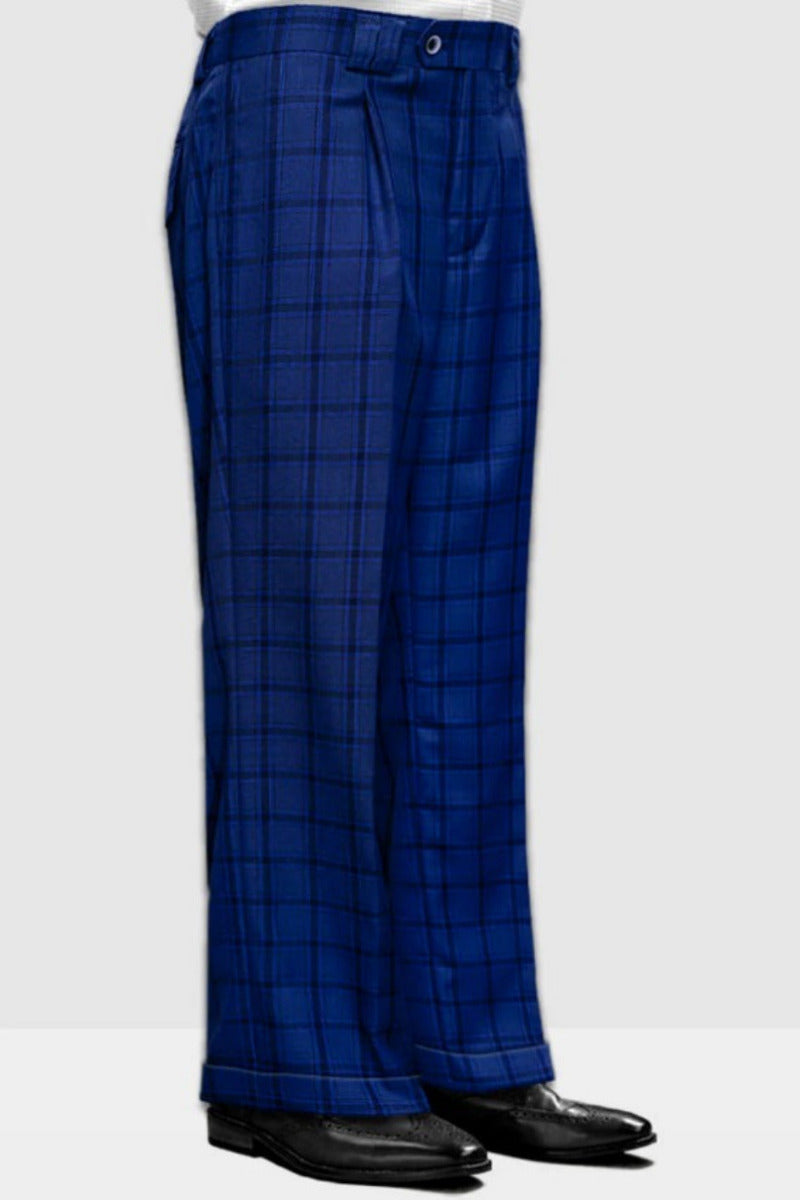 Wool Wide Leg Pleated Dress Pants - Sapphire Plaid