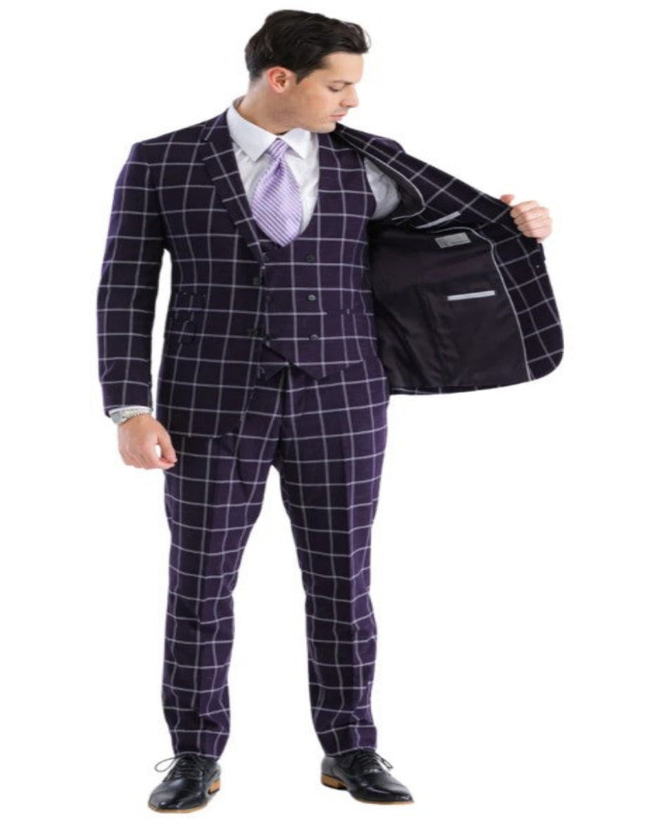 Burgundy Windowpane Plaid Suit with Vest