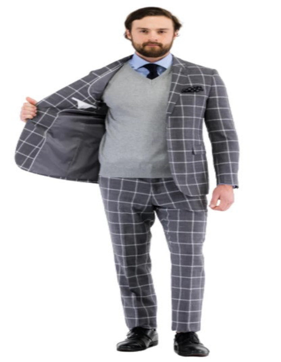 Mens Grey Plaid Suit with Vest - Windowpane Pattern