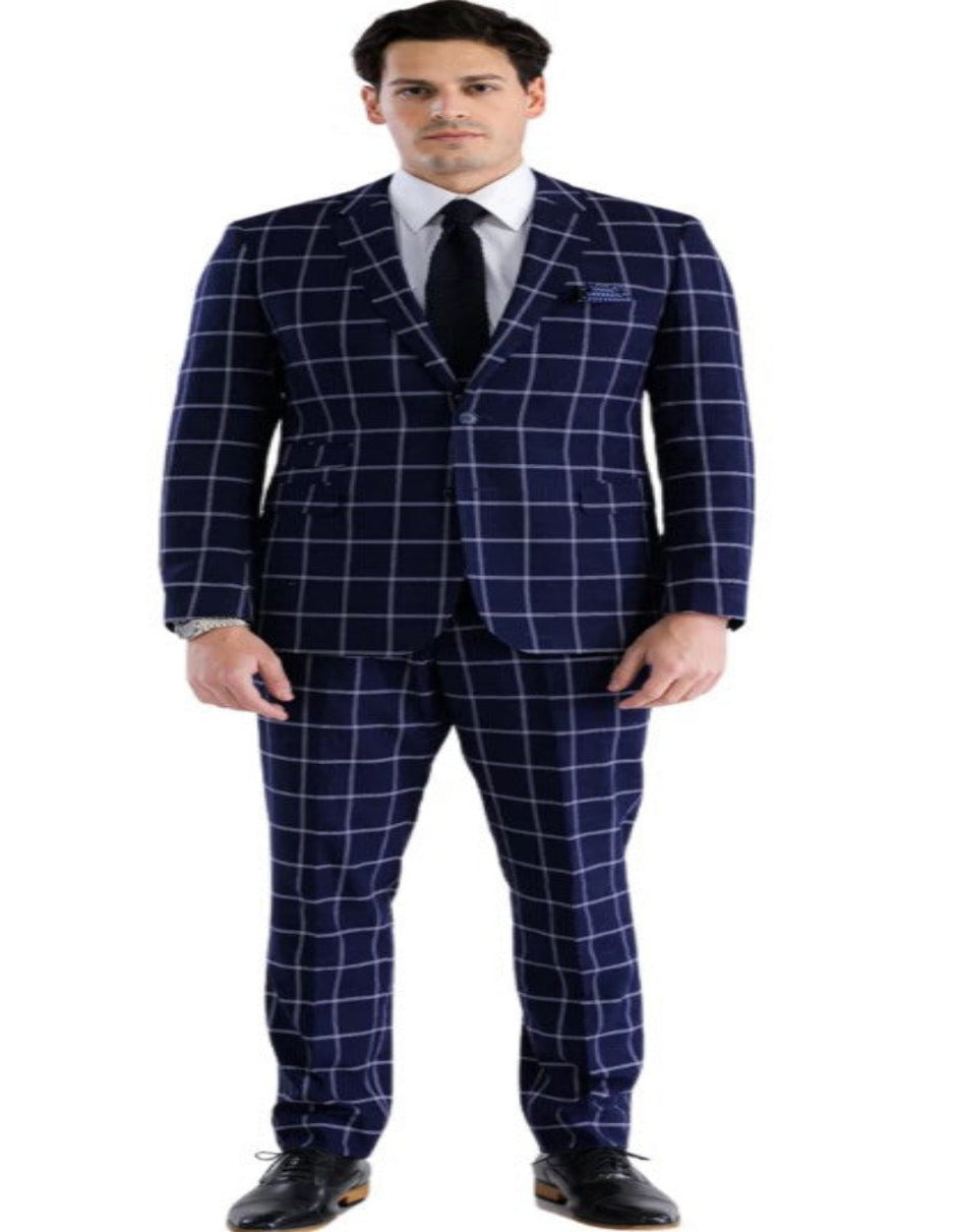 Men's Navy Plaid Windowpane Suit with Vest