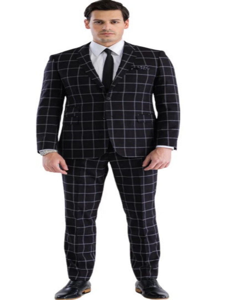 Men’s Windowpane Plaid Suit with Vest - Black