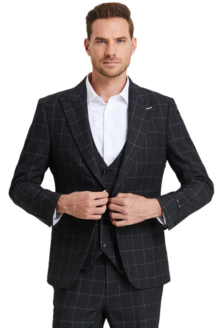 One Button Chalk Windowpane Plaid Vested Suit Black