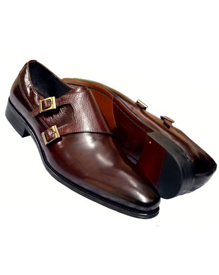 Carrucci Men's Genuine Calfskin Leather Wine Burnished Double Monk Strap Shoes- Men's Buckle Dress Shoes